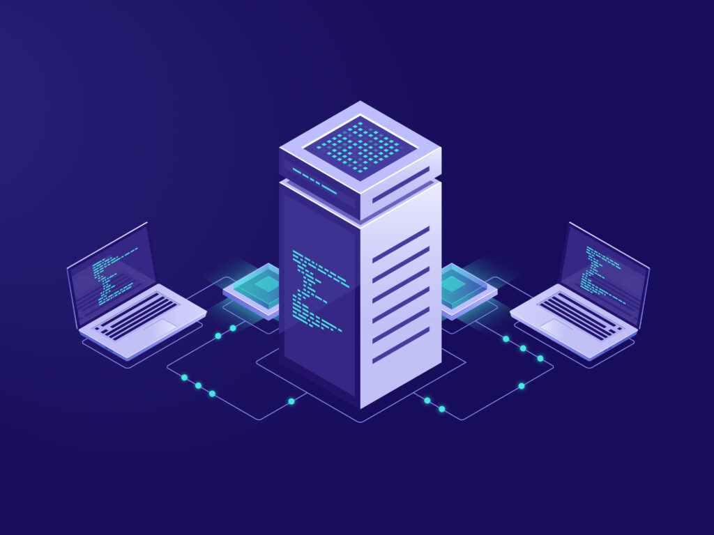 big data processing concept, server room, blockchain technology token access, data center and database, network connection isometric illustration vector neon